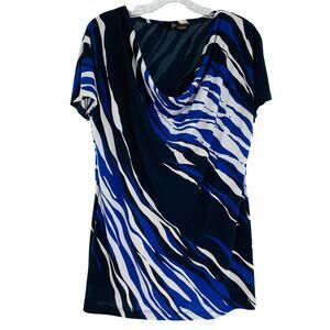 DANA BUCHMAN Women's Blouse L Blue Black Draped Neck Short Sleeve Knit